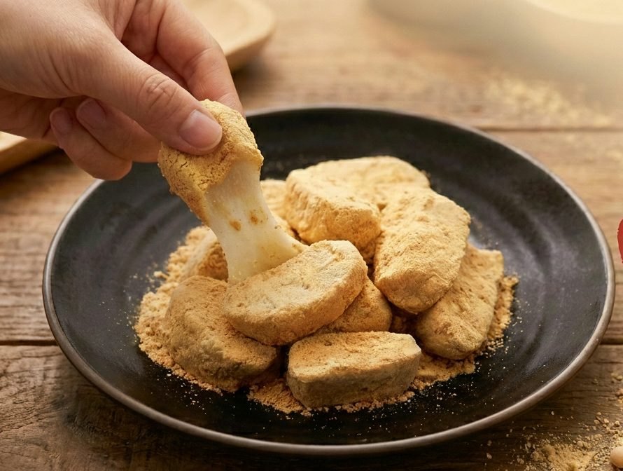 검은 접시에 담긴 콩고물 인절미를 손으로 집어 올리는 모습