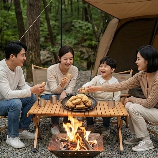 캠핑장에서 떡을 만들어 먹는 가족