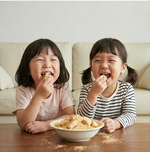 떡을 먹으며 웃는 아이들